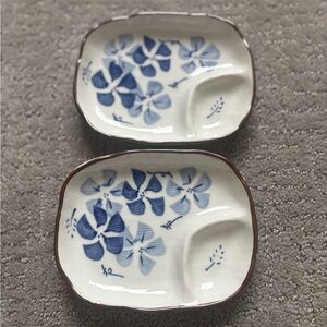 Lot of 2 Japanese Floral Porcelain Sushi Plate 2 Slots w/ Soy Sauce Compartment